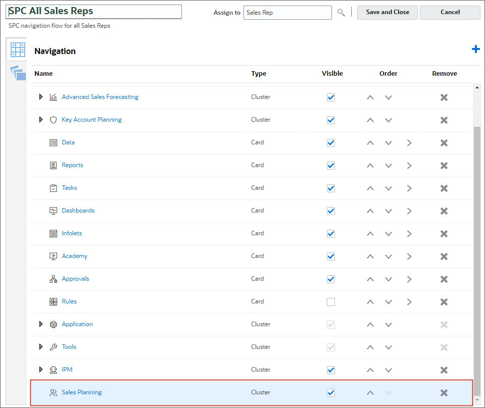 The Sales Planning cluster is added to the bottom of the navigation flow